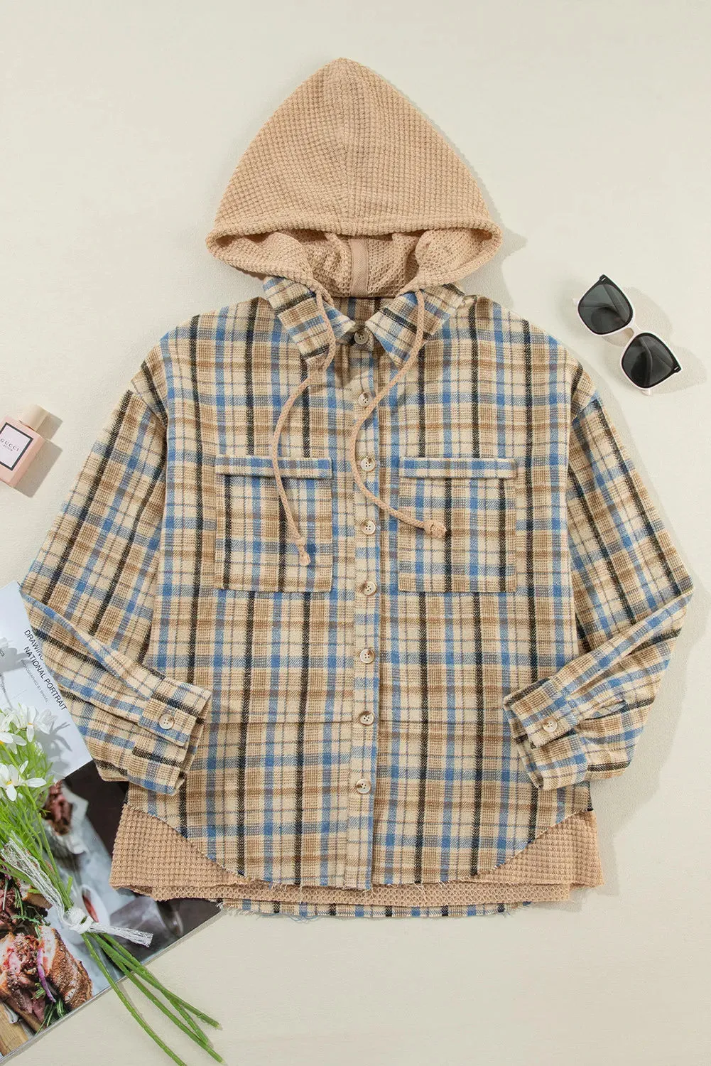 Lumi Drawstring Plaid Button Up Hooded Shacket