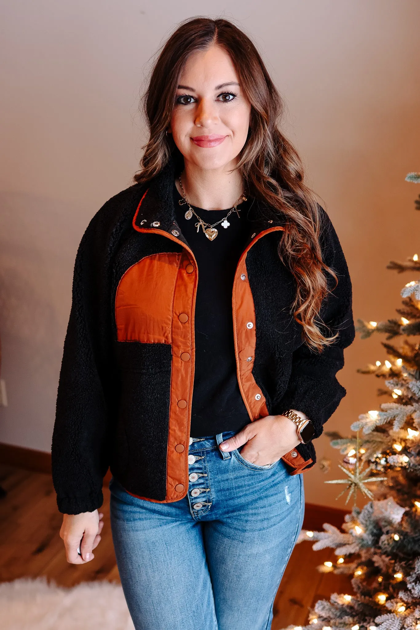 Maci Snap Button Fleece Jacket - Black