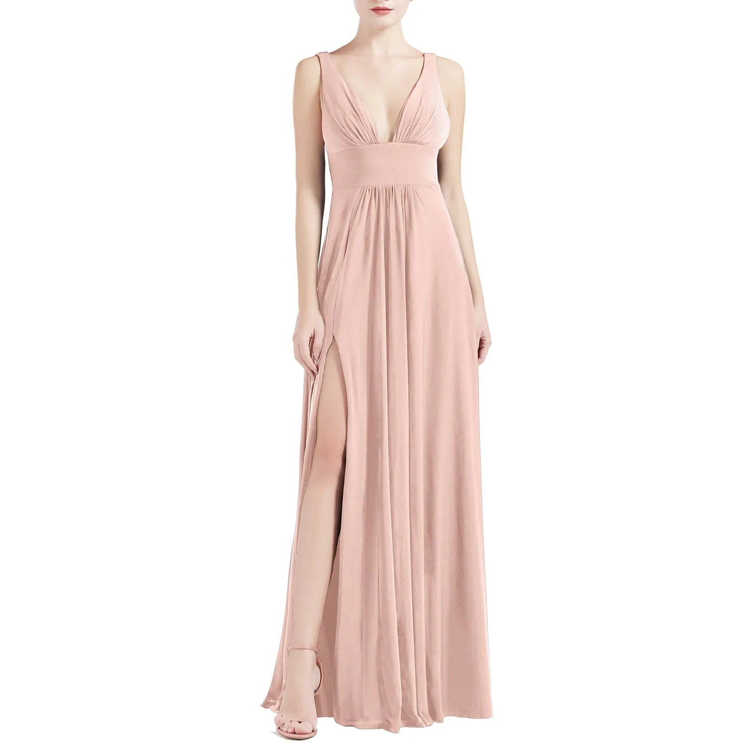 MACloth Women V Neck Stretchy Jersey Maxi Wedding Party Bridesmaid Dresses Prom Gown