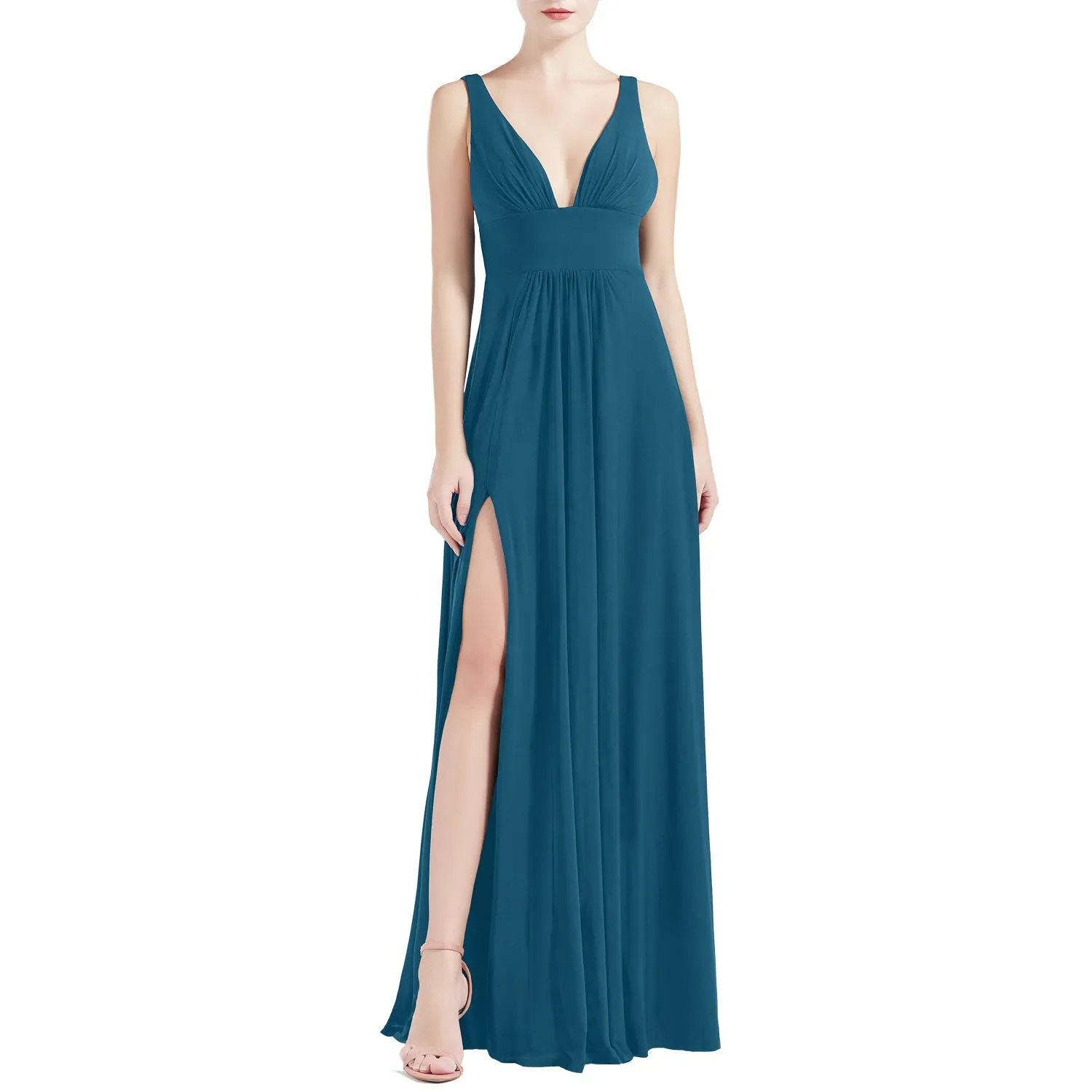 MACloth Women V Neck Stretchy Jersey Maxi Wedding Party Bridesmaid Dresses Prom Gown