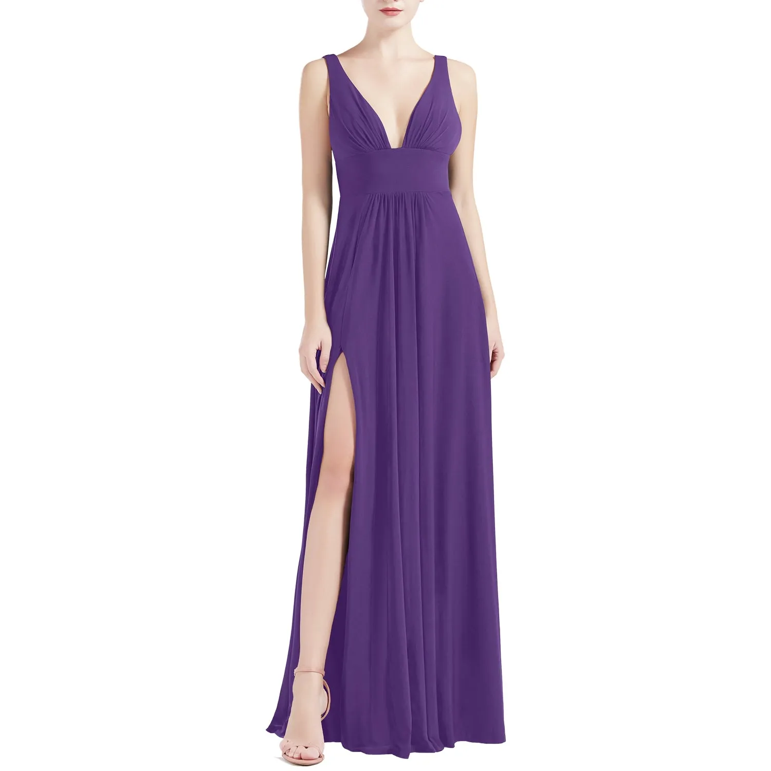 MACloth Women V Neck Stretchy Jersey Maxi Wedding Party Bridesmaid Dresses Prom Gown