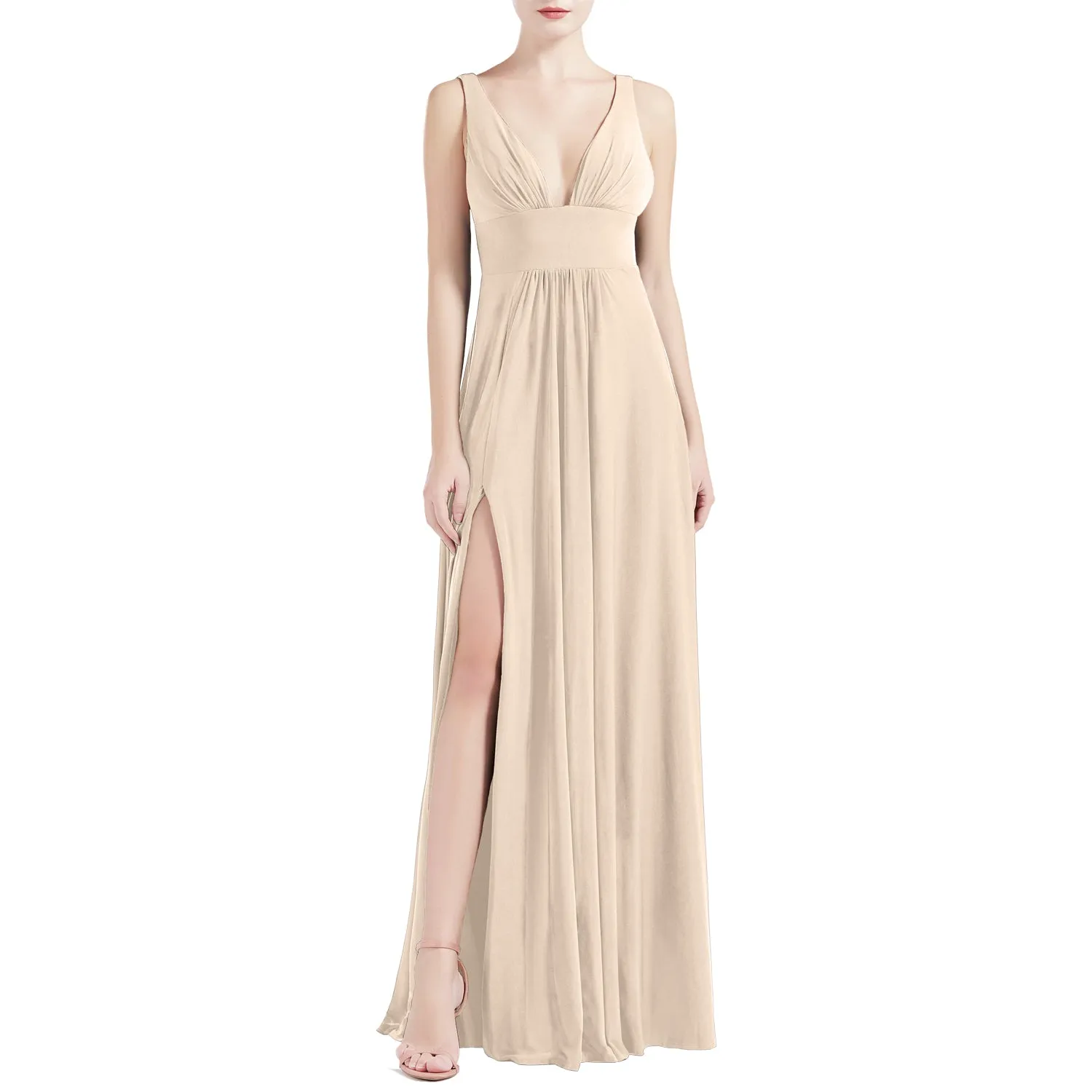 MACloth Women V Neck Stretchy Jersey Maxi Wedding Party Bridesmaid Dresses Prom Gown