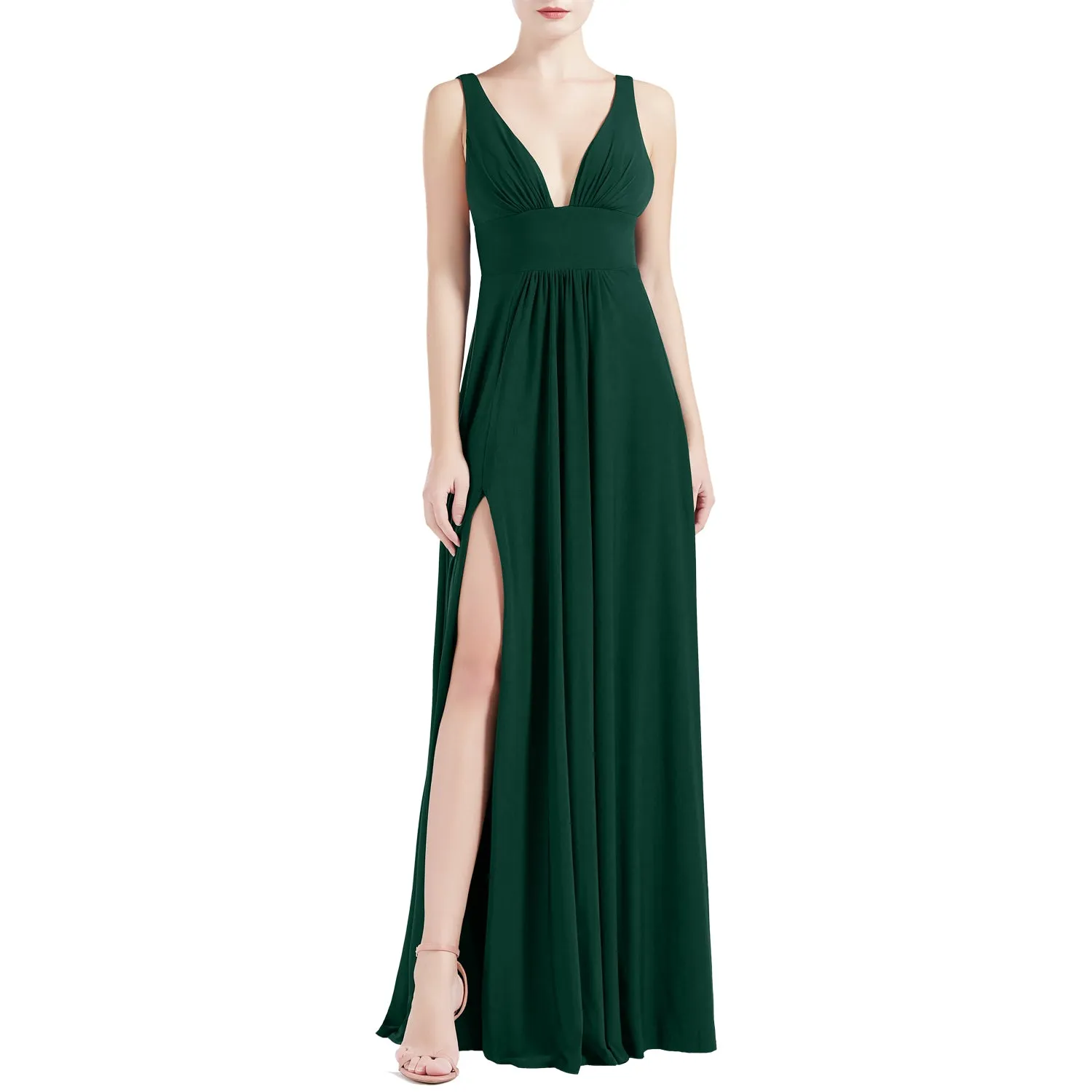 MACloth Women V Neck Stretchy Jersey Maxi Wedding Party Bridesmaid Dresses Prom Gown