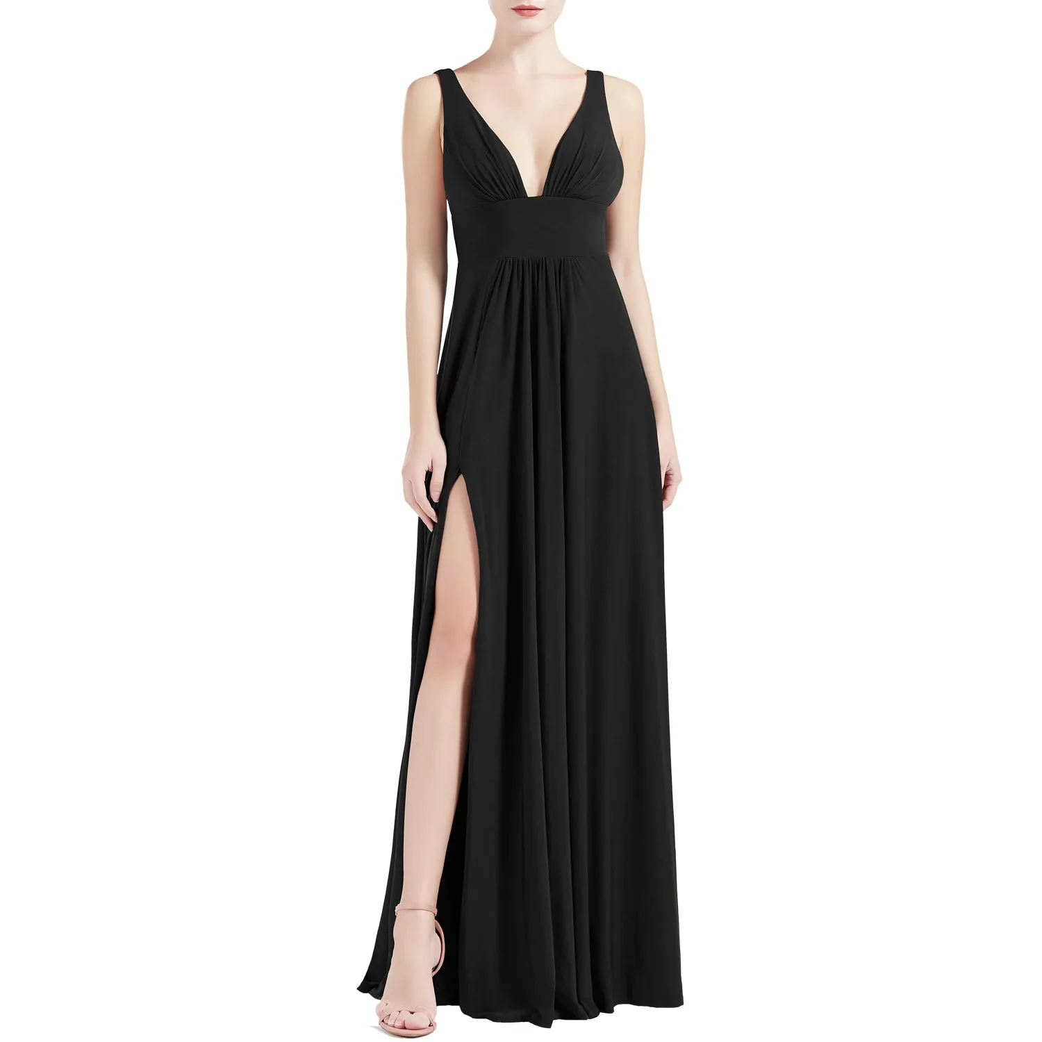 MACloth Women V Neck Stretchy Jersey Maxi Wedding Party Bridesmaid Dresses Prom Gown