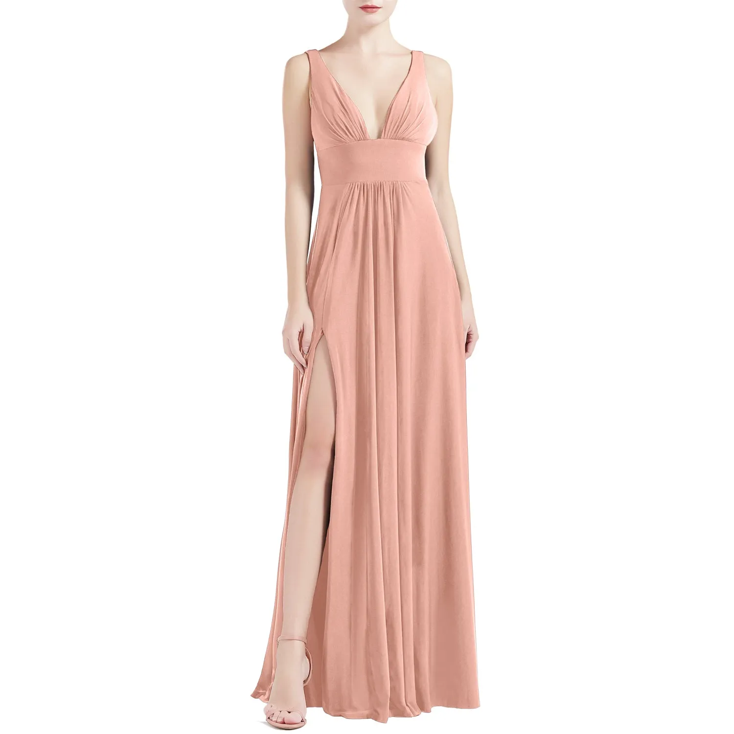 MACloth Women V Neck Stretchy Jersey Maxi Wedding Party Bridesmaid Dresses Prom Gown