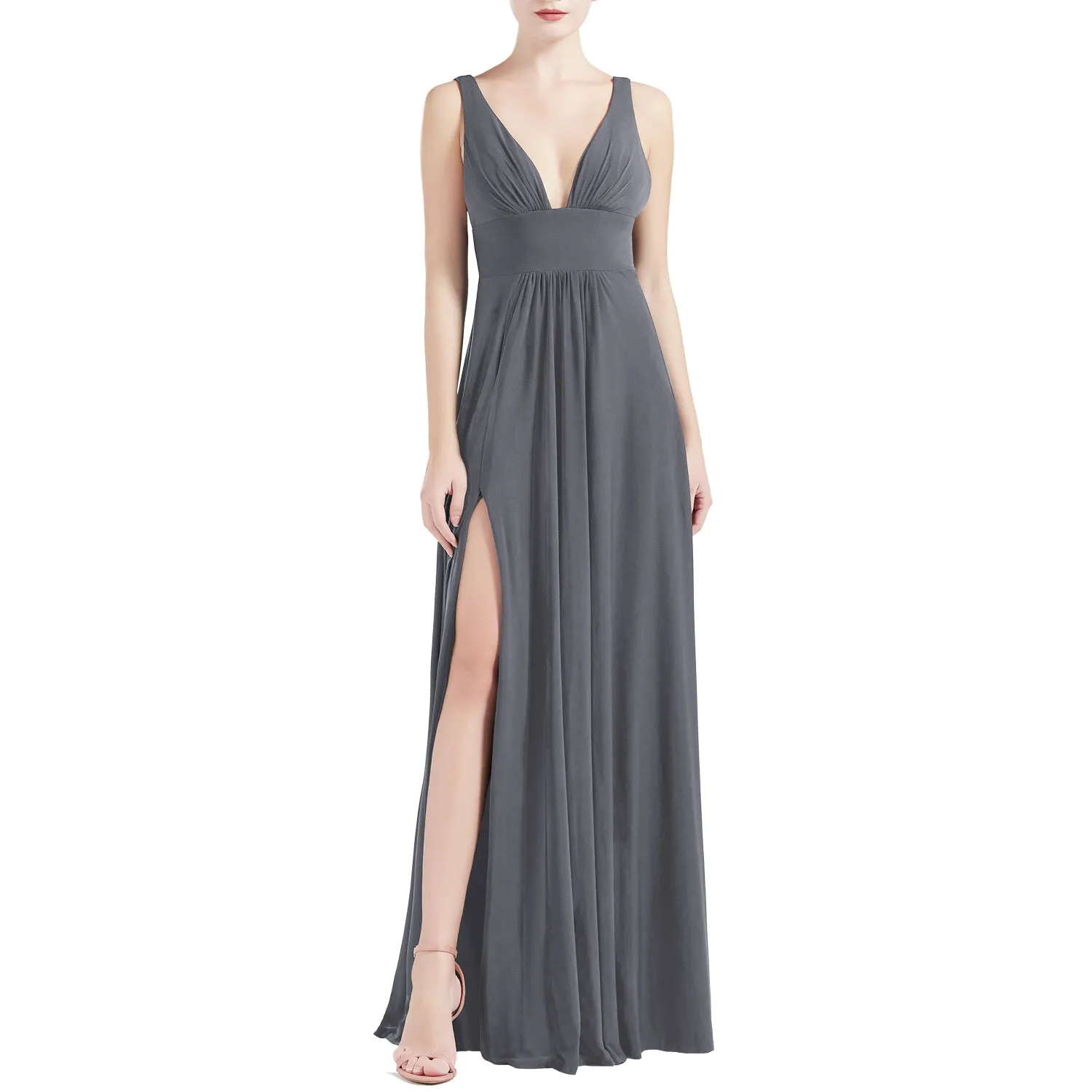 MACloth Women V Neck Stretchy Jersey Maxi Wedding Party Bridesmaid Dresses Prom Gown