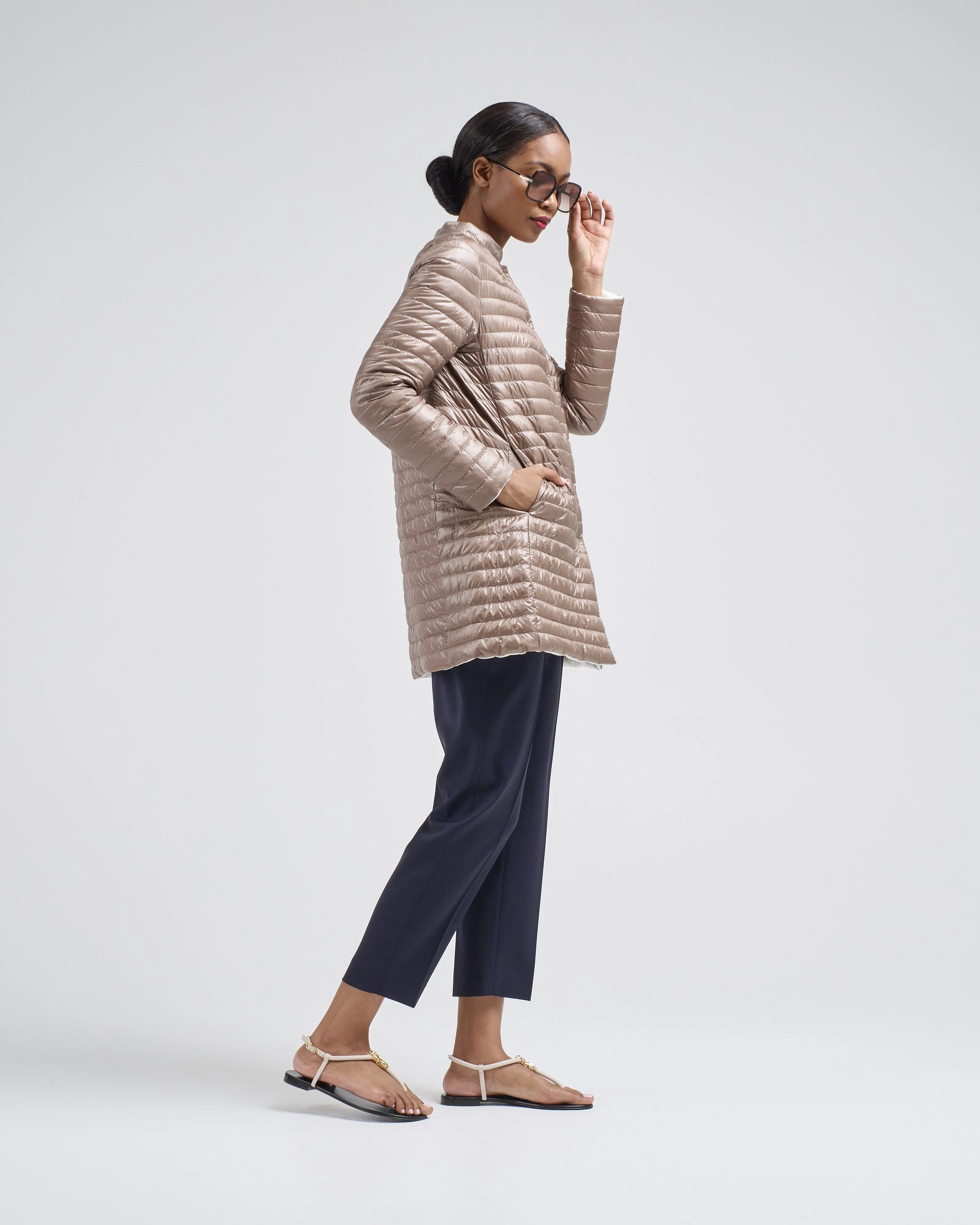 matte to shiny nylon reversible a-shape quilted coat