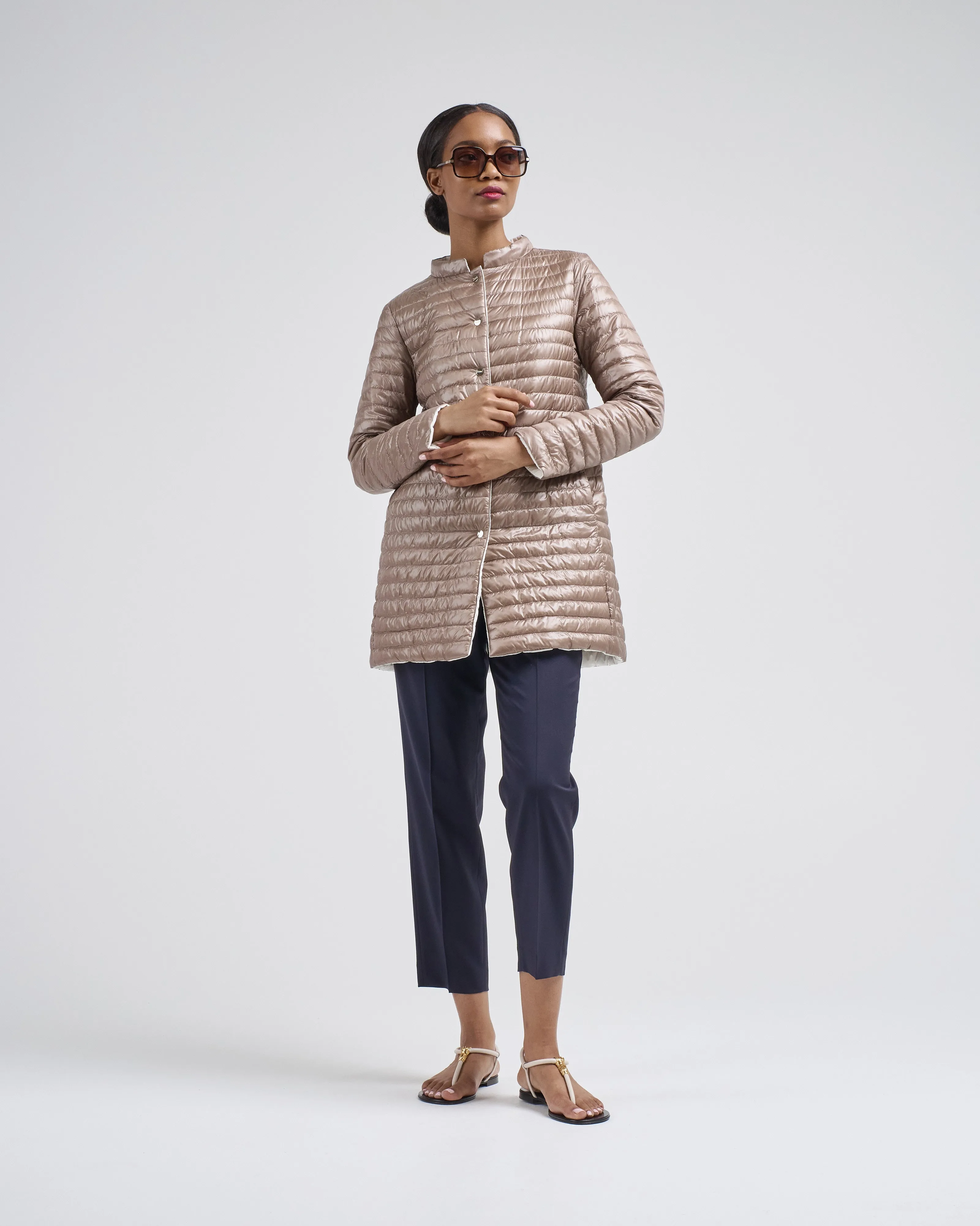 matte to shiny nylon reversible a-shape quilted coat
