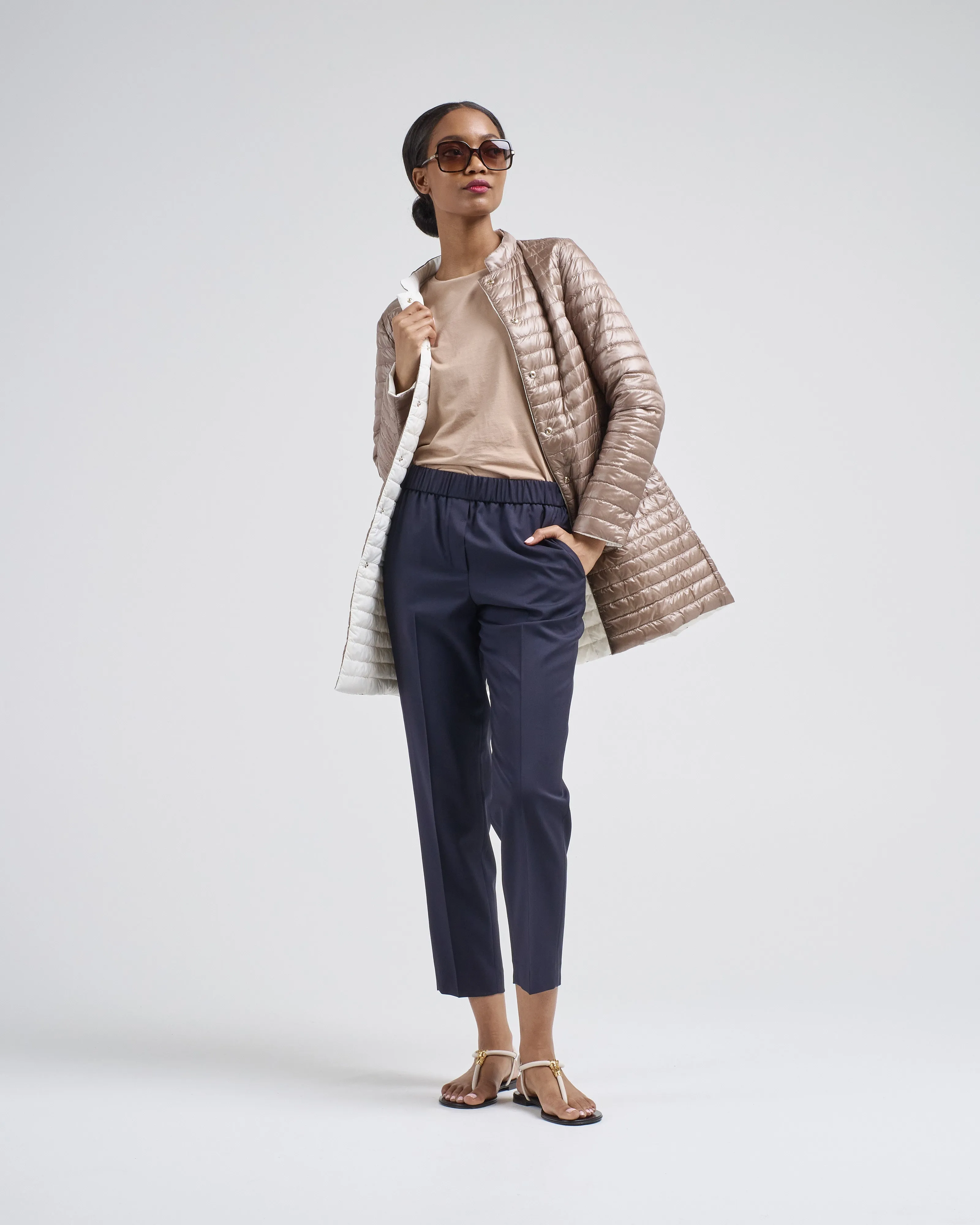 matte to shiny nylon reversible a-shape quilted coat