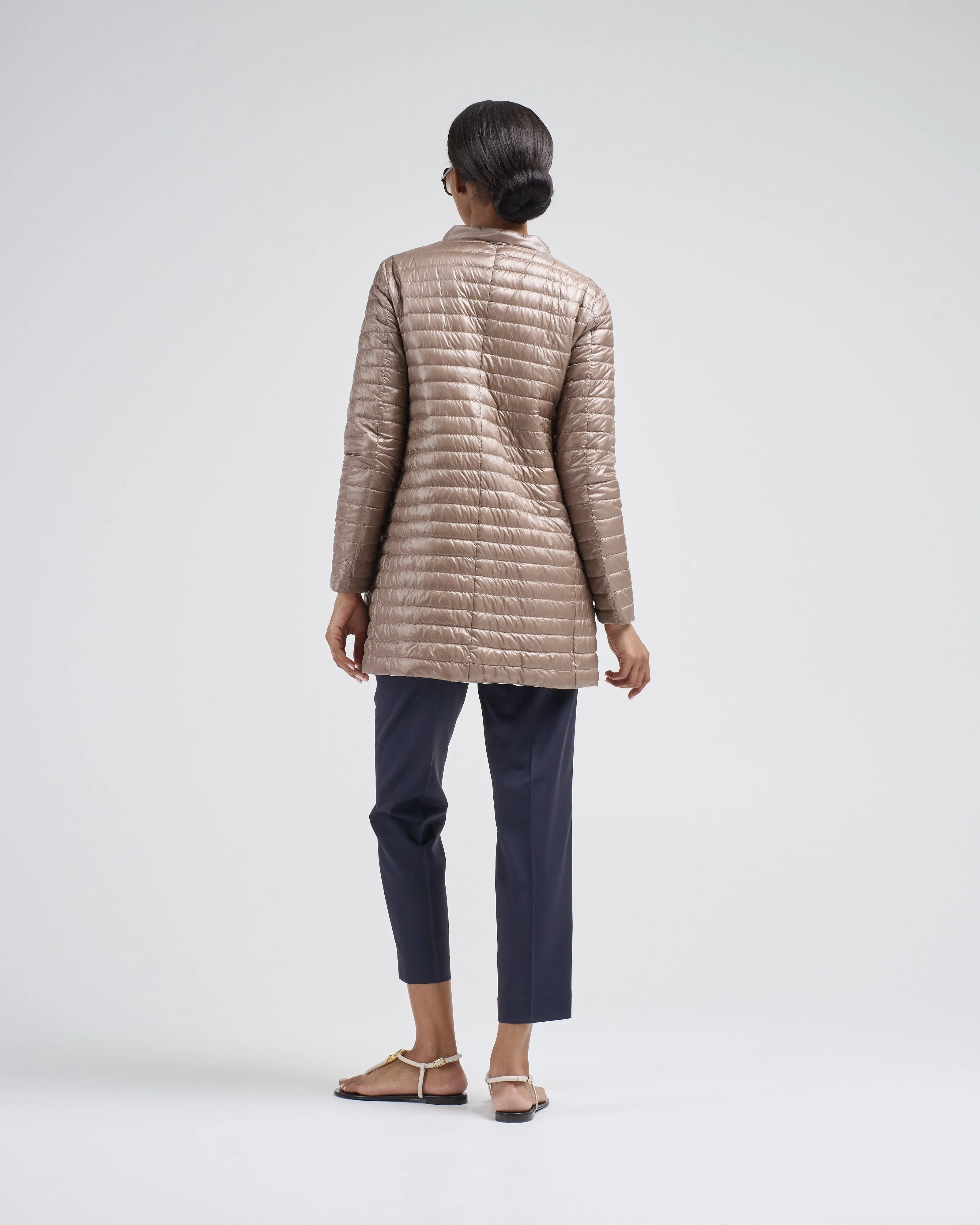 matte to shiny nylon reversible a-shape quilted coat