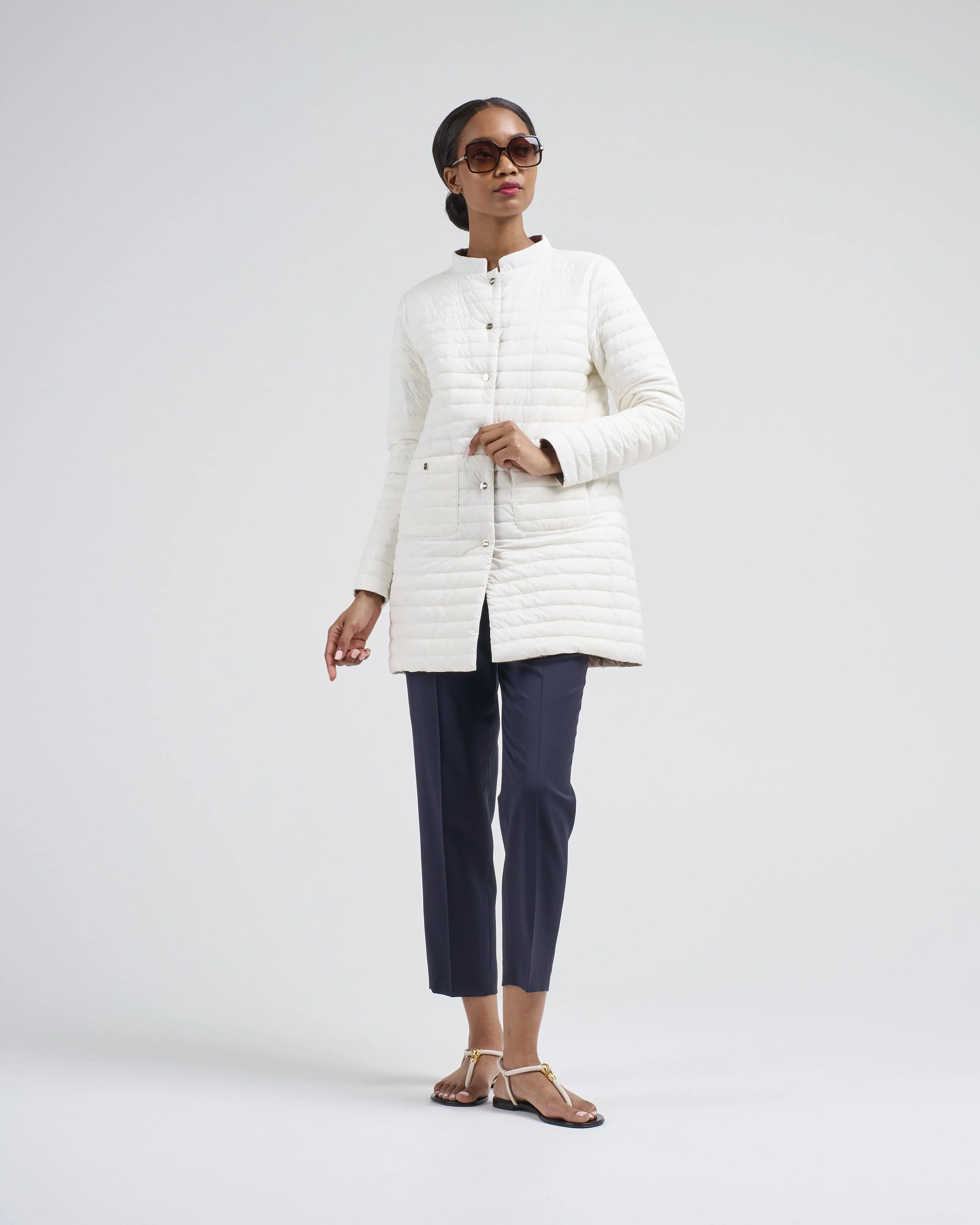 matte to shiny nylon reversible a-shape quilted coat