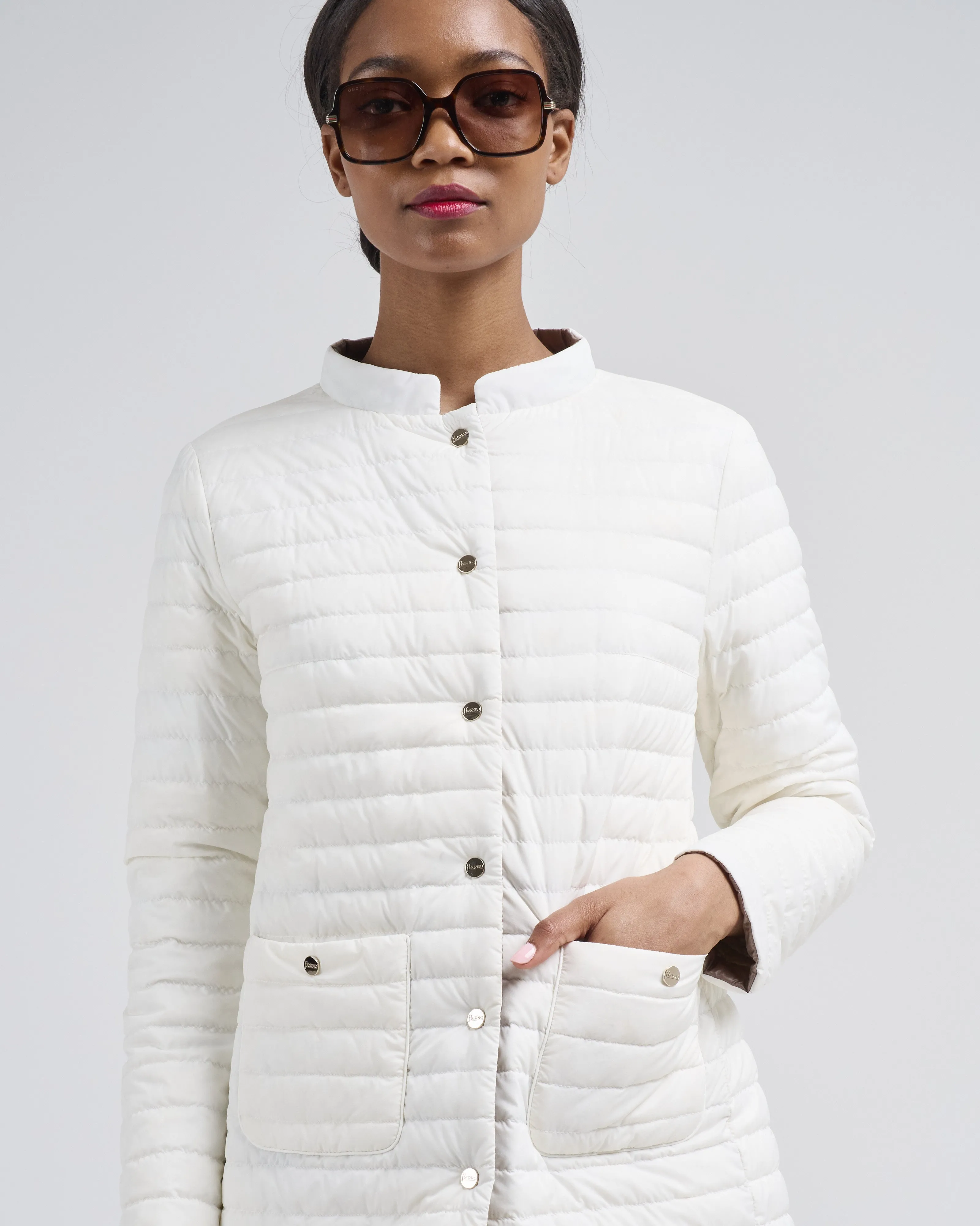 matte to shiny nylon reversible a-shape quilted coat
