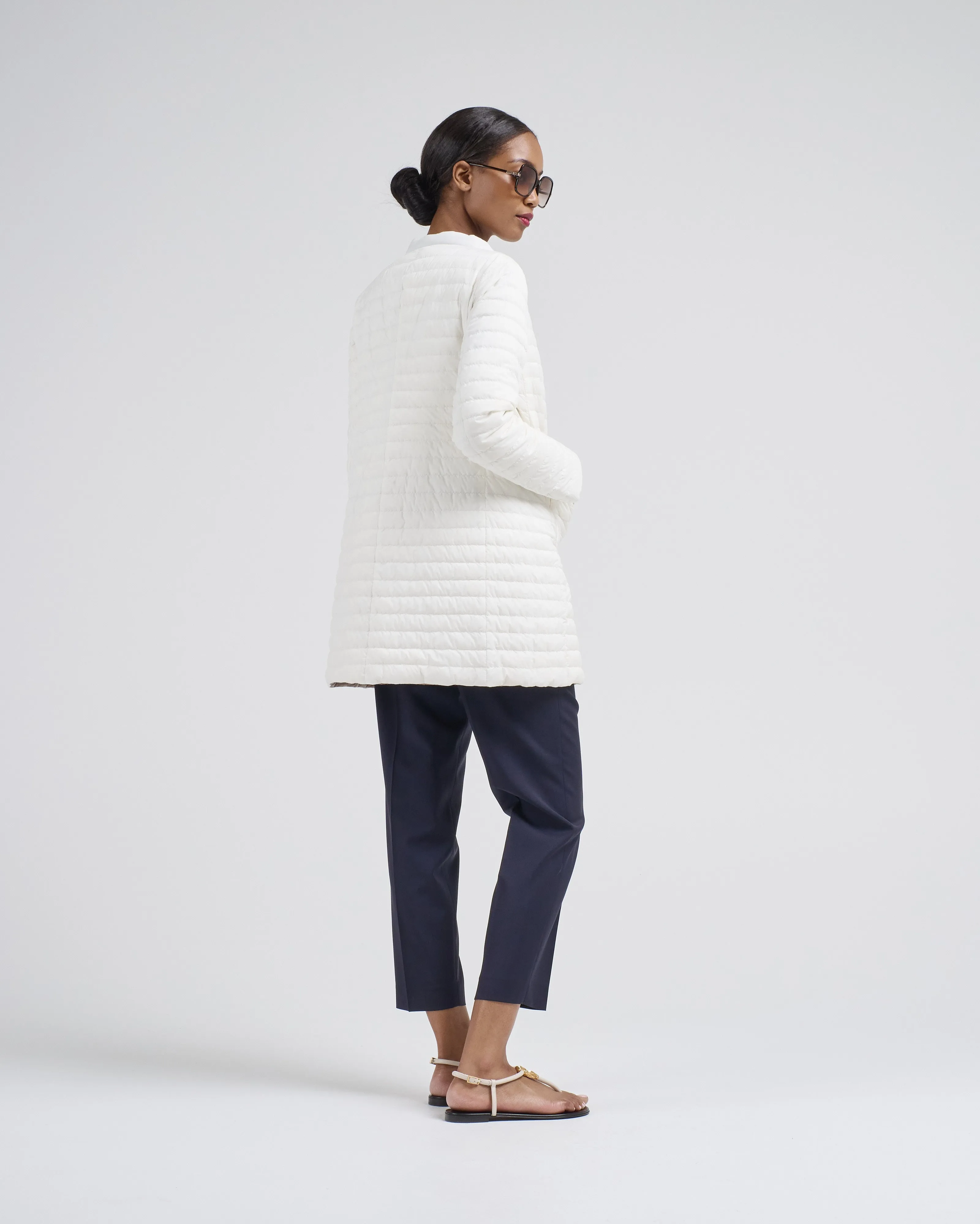 matte to shiny nylon reversible a-shape quilted coat