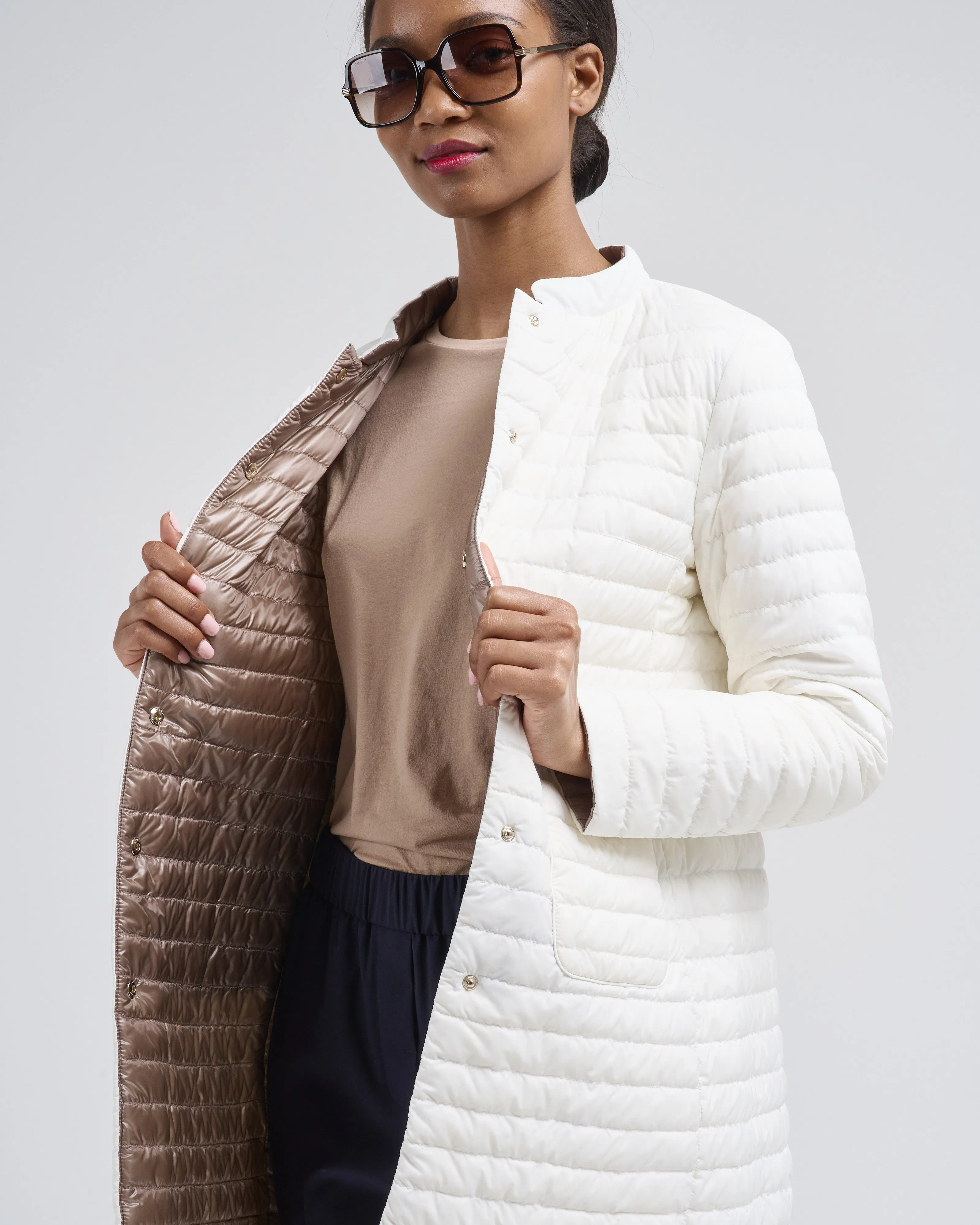 matte to shiny nylon reversible a-shape quilted coat