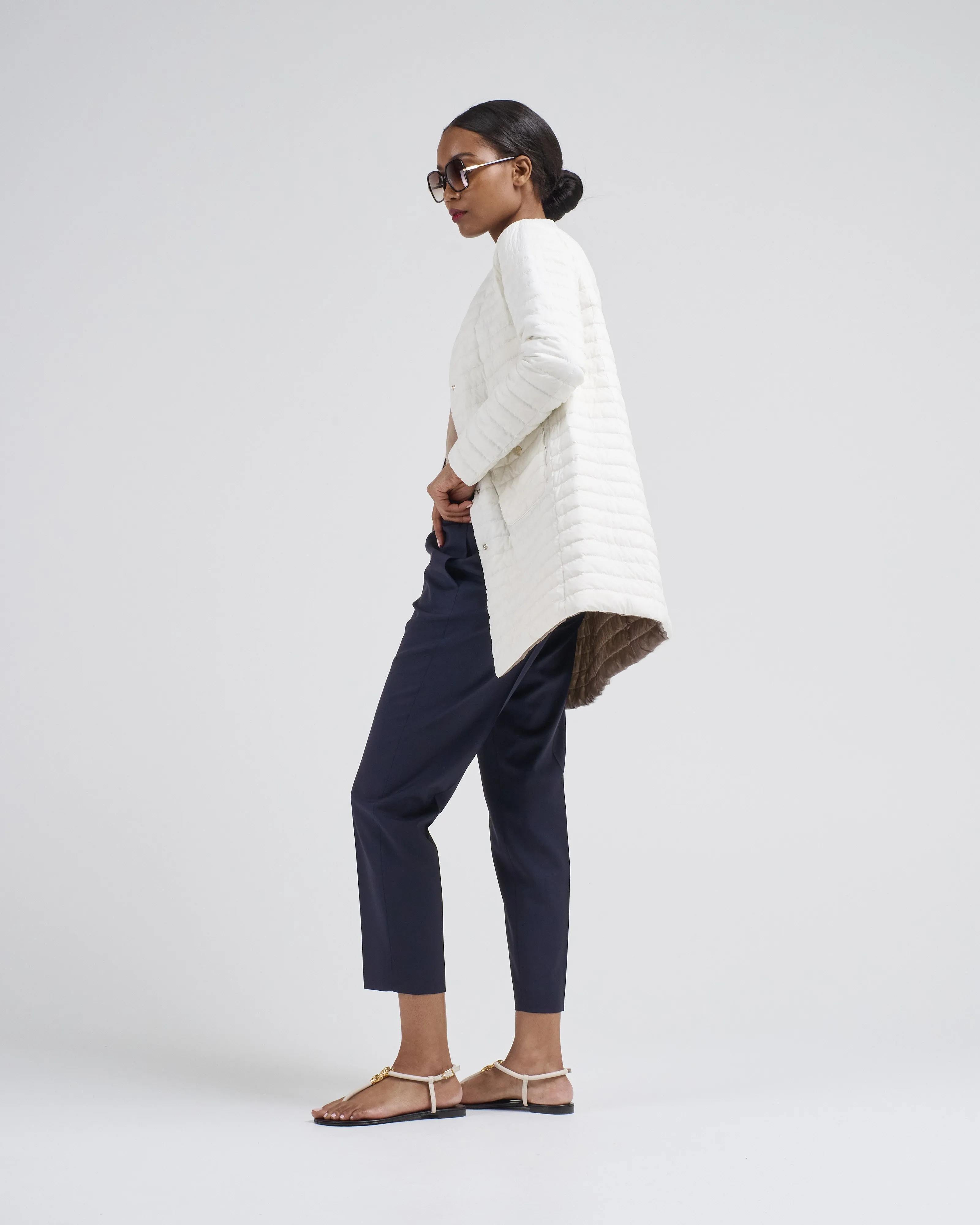matte to shiny nylon reversible a-shape quilted coat
