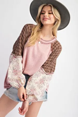 Mauve Flannel Mix Print Rib Dolman