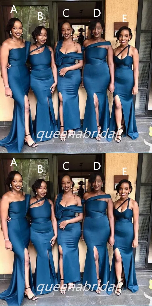 Mismatched Blue Mermaid Side Slit Maxi Long Bridesmaid Dresses, BDS0139