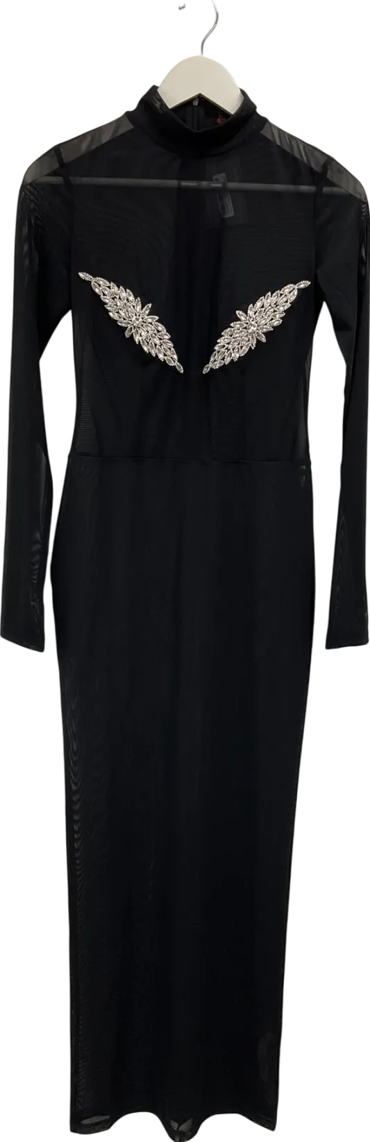 Misspap Black Diamante Trim Mesh High Neck Maxi Dress UK 10