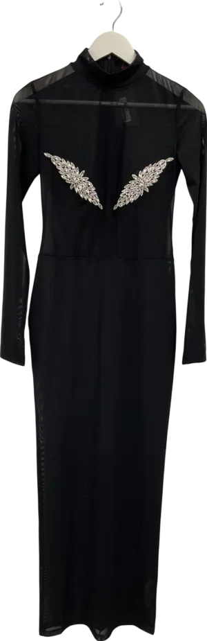 Misspap Black Diamante Trim Mesh High Neck Maxi Dress UK 10