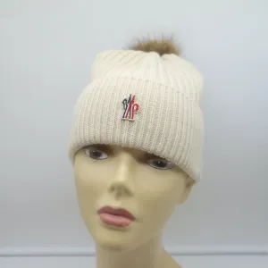 Moncler Grenoble Faux Fur Pom Pom Beanie Ivory Cashmere-Wool Ribbed Knit