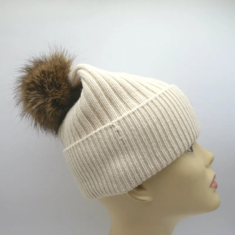 Moncler Grenoble Faux Fur Pom Pom Beanie Ivory Cashmere-Wool Ribbed Knit