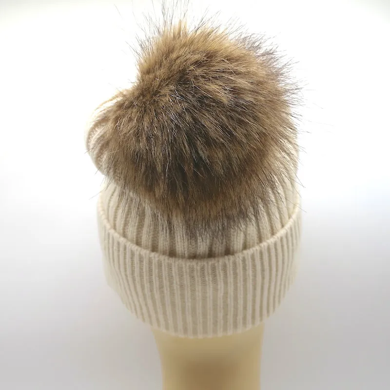 Moncler Grenoble Faux Fur Pom Pom Beanie Ivory Cashmere-Wool Ribbed Knit