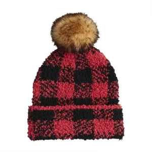 Mud Pie Chenille Buffalo Check Hat - Red/Black