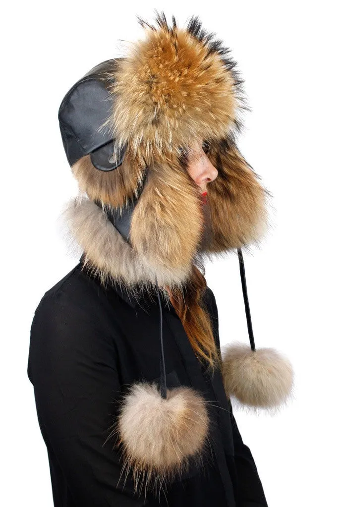 NATURAL FINNISH RACCOON FUR & BROWN LEATHER AVIATOR/TROOPER HAT W/ POM-POMS