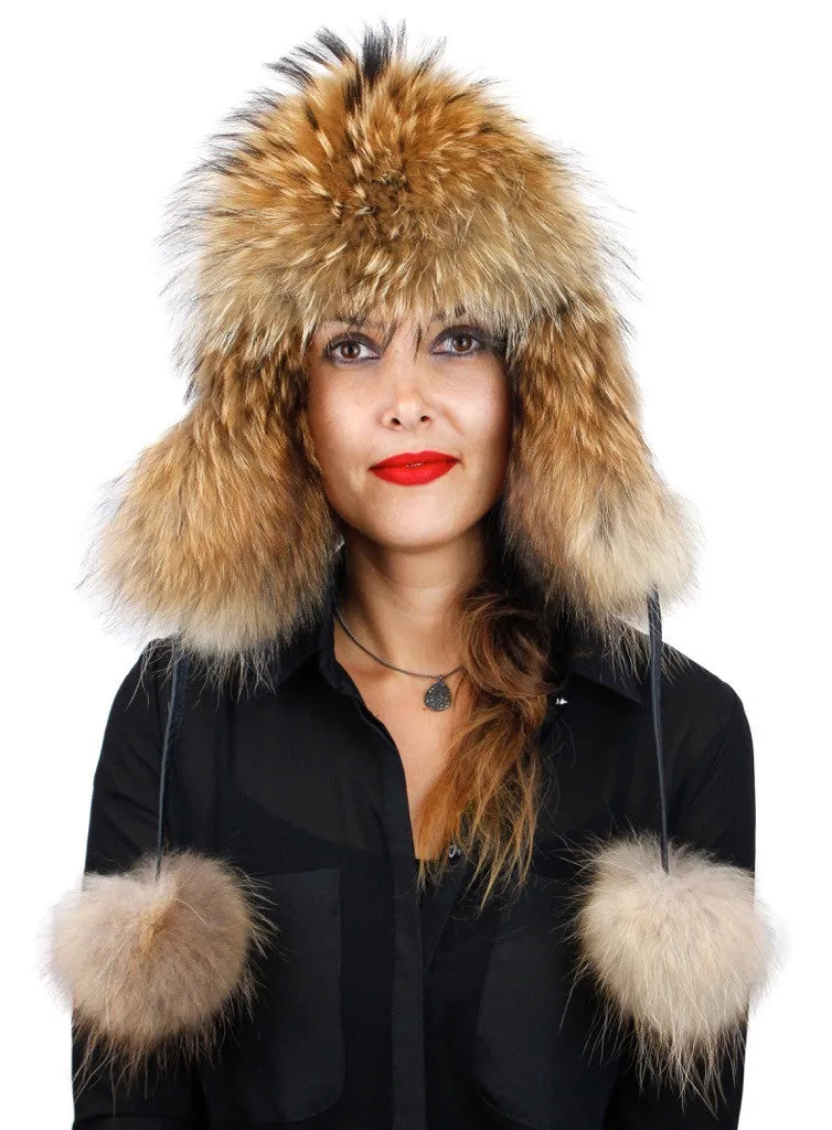 NATURAL FINNISH RACCOON FUR & BROWN LEATHER AVIATOR/TROOPER HAT W/ POM-POMS