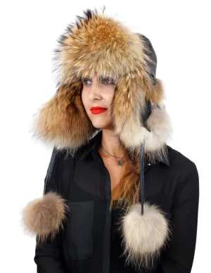 NATURAL FINNISH RACCOON FUR & BROWN LEATHER AVIATOR/TROOPER HAT W/ POM-POMS