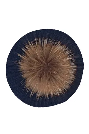 Navy Knit Faux Fur Pom Pom Beret