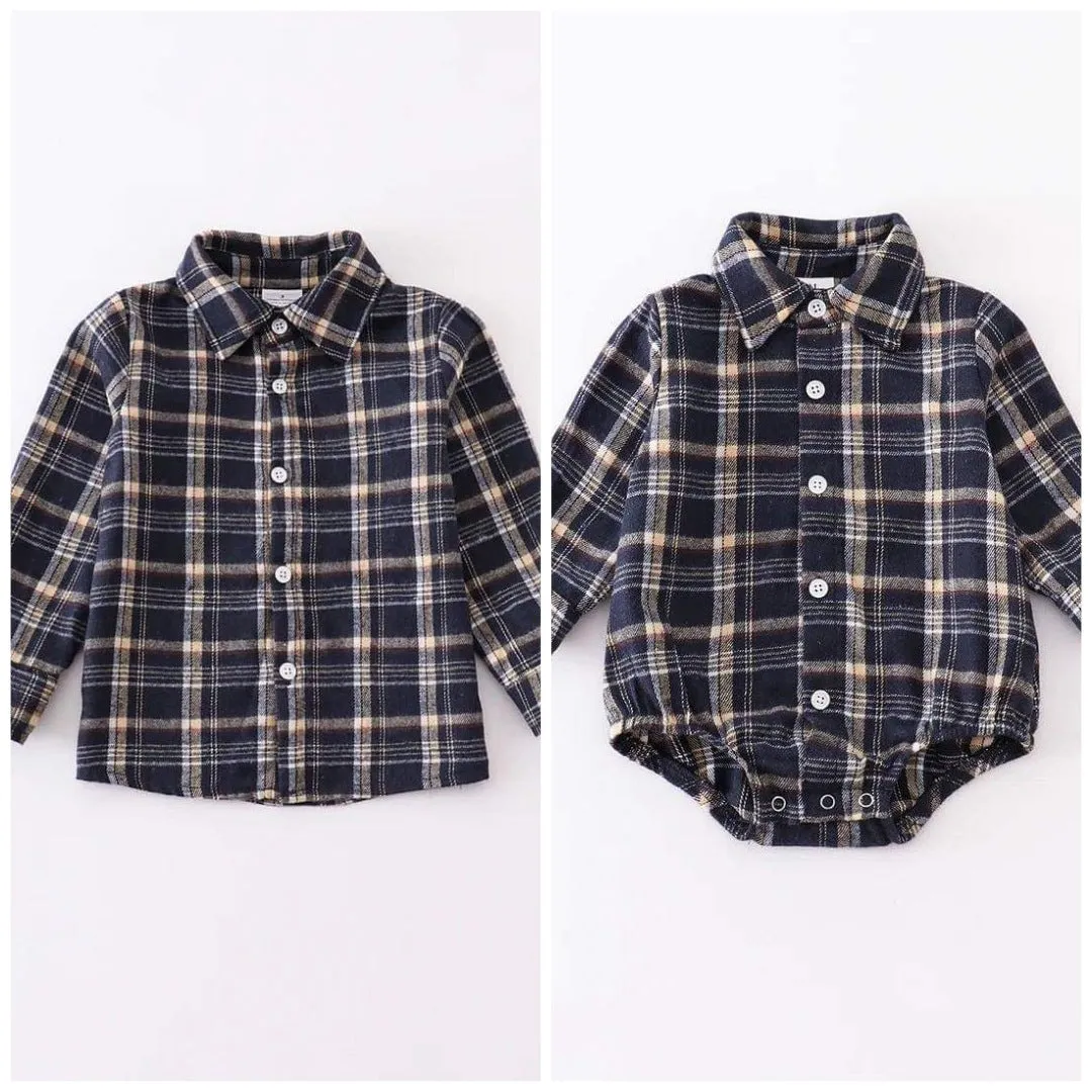 Navy Plaid Flannel Button Down Shirt