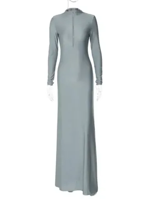 New Autumn Fashion Sexy Zip-Up Solid Gray Long Maxi Dress Elegant Slim Fit Party Night Club Dress