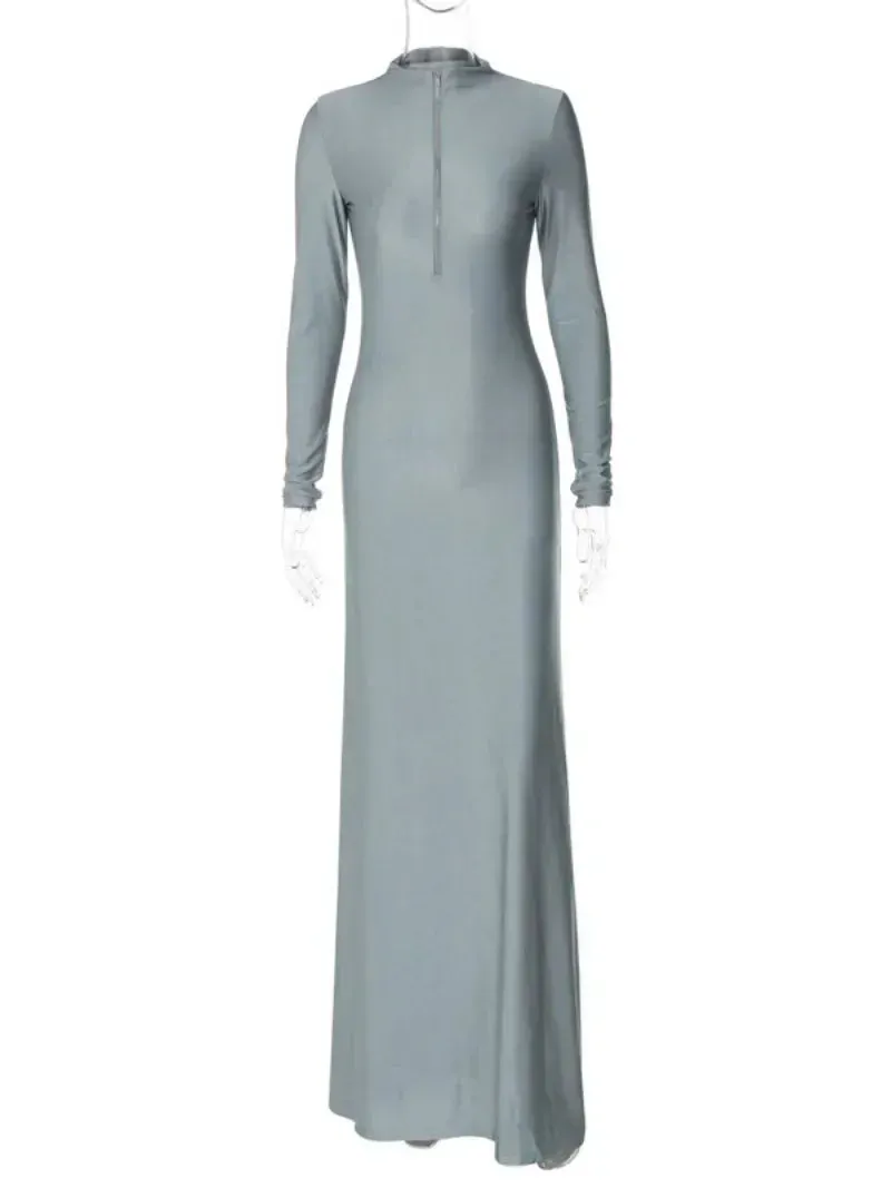 New Autumn Fashion Sexy Zip-Up Solid Gray Long Maxi Dress Elegant Slim Fit Party Night Club Dress