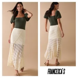 New Francesca’s Amy Crochet Elegant Draped Hem Cream Maxi Skirt