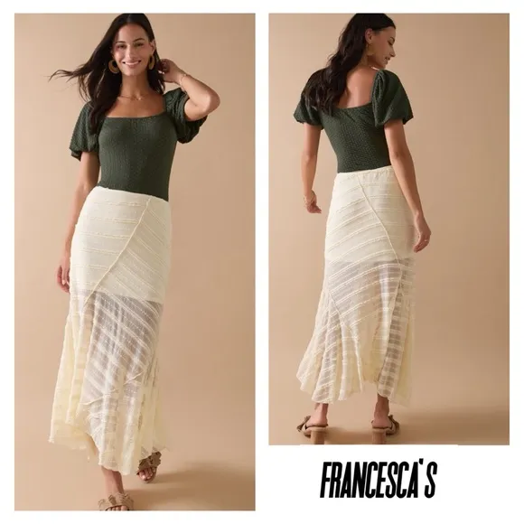 New Francesca’s Amy Crochet Elegant Draped Hem Cream Maxi Skirt