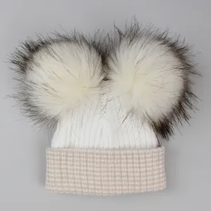 Newborn Baby Hat Double Pom- Beige and White- Baby Hat