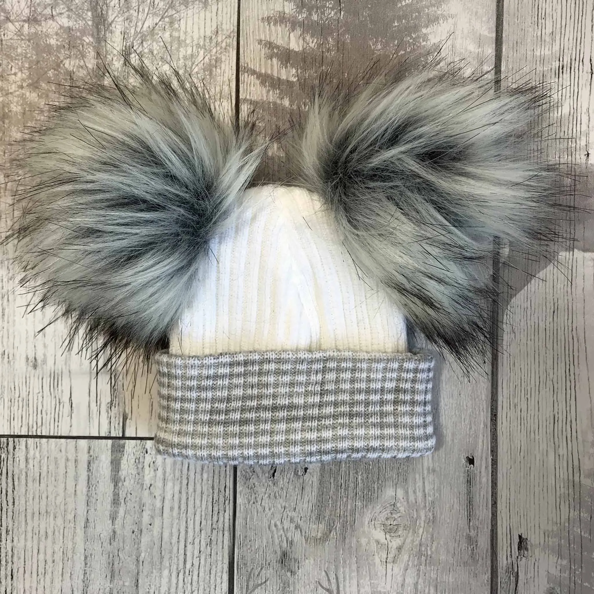 Newborn Baby Hat Double Pom- White Grey- Baby Hat