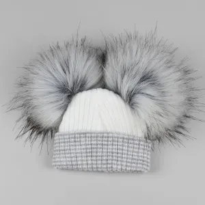 Newborn Baby Hat Double Pom- White Grey- Baby Hat