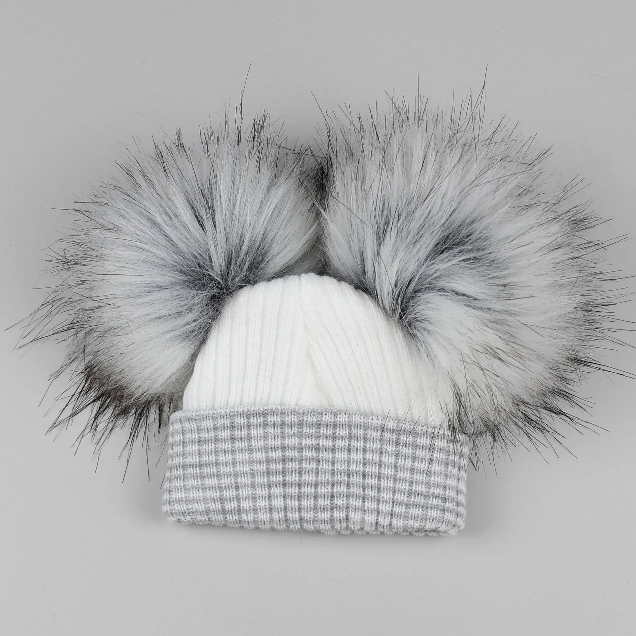 Newborn Baby Hat Double Pom- White Grey- Baby Hat