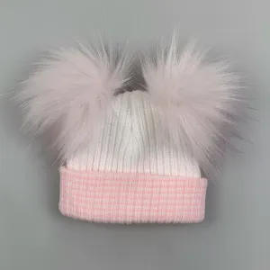 Newborn Baby Hat- Waffle White Pink- Double Pom