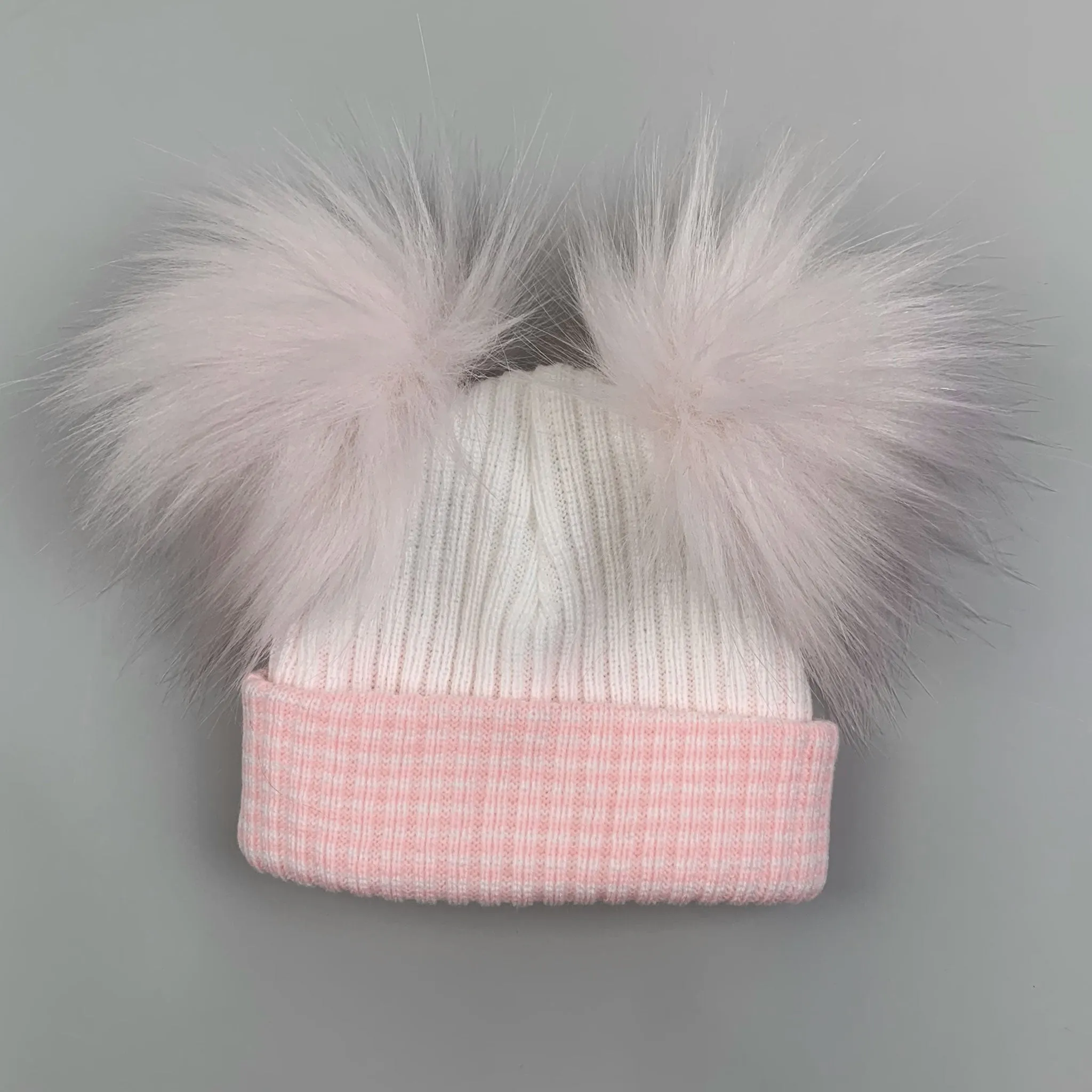 Newborn Baby Hat- Waffle White Pink- Double Pom