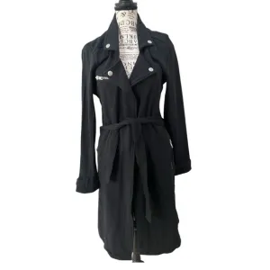 NWT-Chaser Black Long Trench Coat with Wide Lapels and Belt, zipper pockets