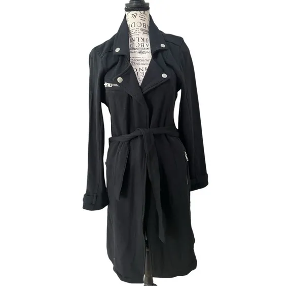 NWT-Chaser Black Long Trench Coat with Wide Lapels and Belt, zipper pockets