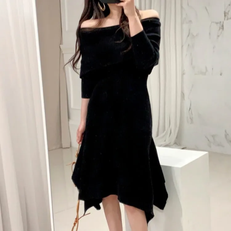 Off Shoulder Fishtail Sweater Knit Midi Dress