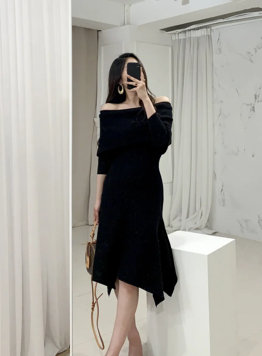 Off Shoulder Fishtail Sweater Knit Midi Dress