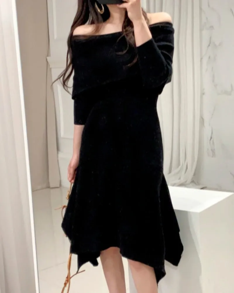 Off Shoulder Fishtail Sweater Knit Midi Dress