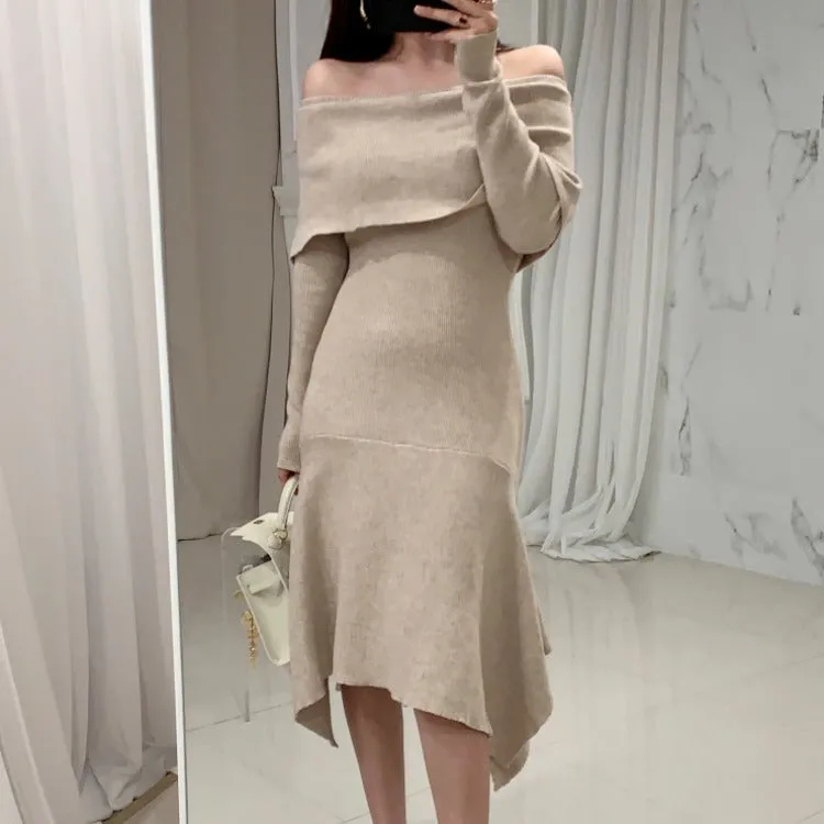 Off Shoulder Fishtail Sweater Knit Midi Dress