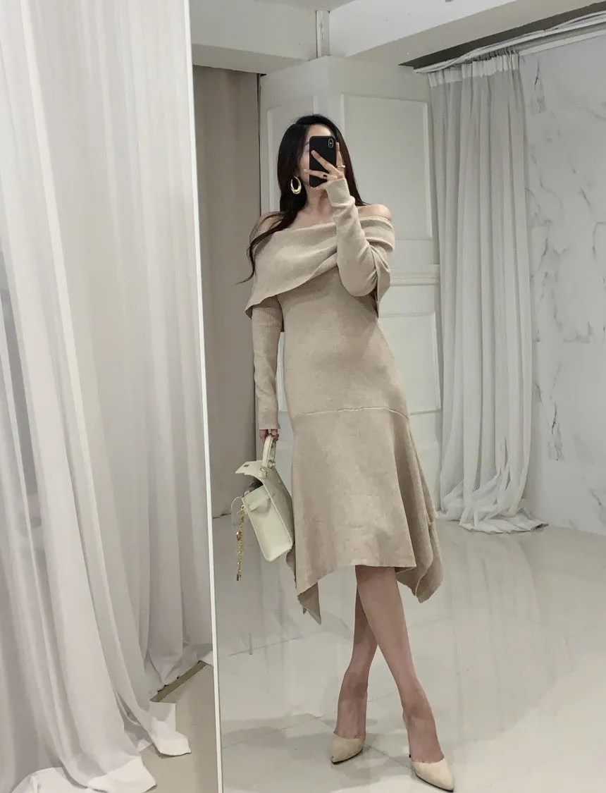 Off Shoulder Fishtail Sweater Knit Midi Dress