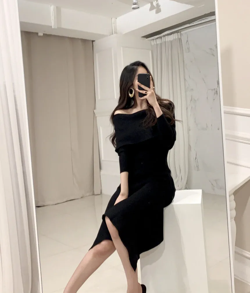 Off Shoulder Fishtail Sweater Knit Midi Dress